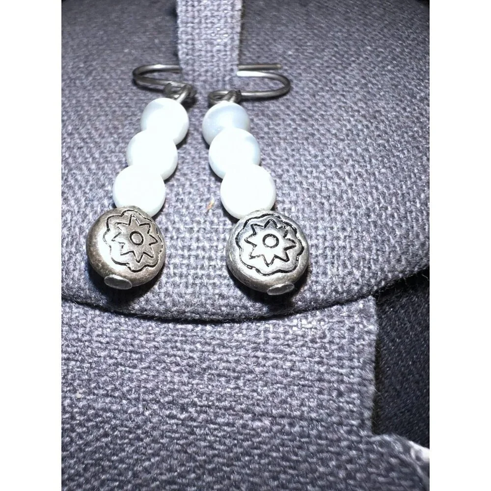 Artisan Handmade Three Drop Cat's Eye Gemstone Silver Bead Hook Earrings